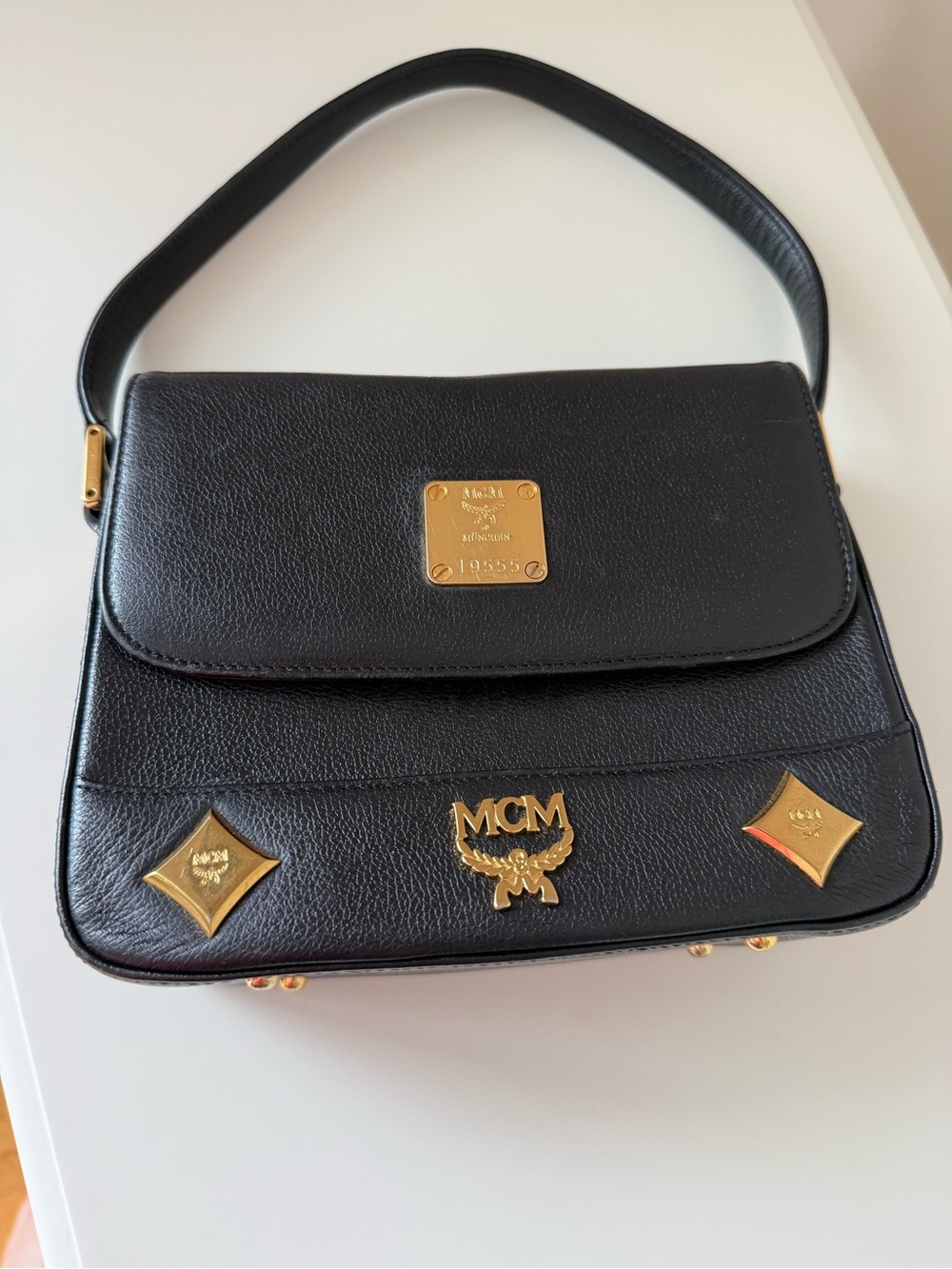 MCM Authentic München Structured Black Pebbled Leather Shoulder / Hand Bag